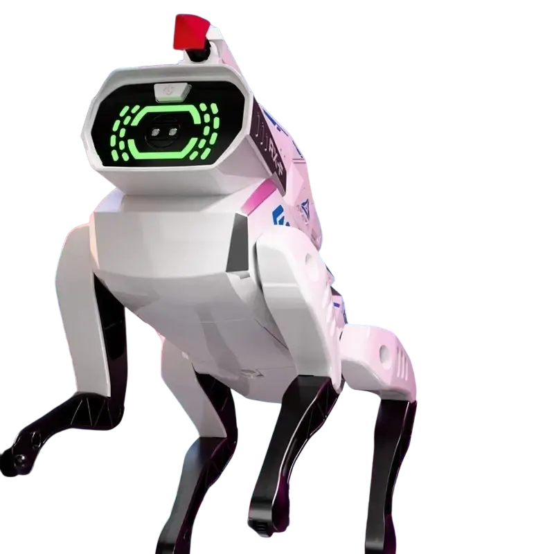 Interactive robotic dog toy with voice control in white and black featuring glowing green led eyes and red head sensor