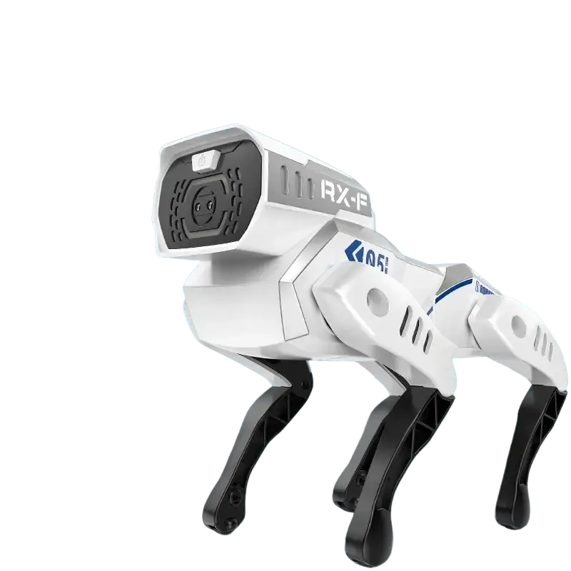 Interactive robotic dog toy with voice control featuring a white and black ai design with blue accent markings