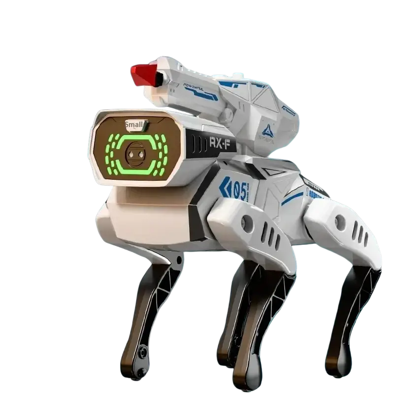 White and black interactive robotic dog toy with voice control and green LED eyes marked rx-f on its side