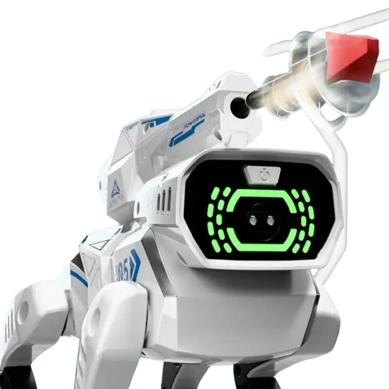 Interactive robotic dog toy in white and blue with voice control and glowing green led eyes firing a red dart from a mounted cannon