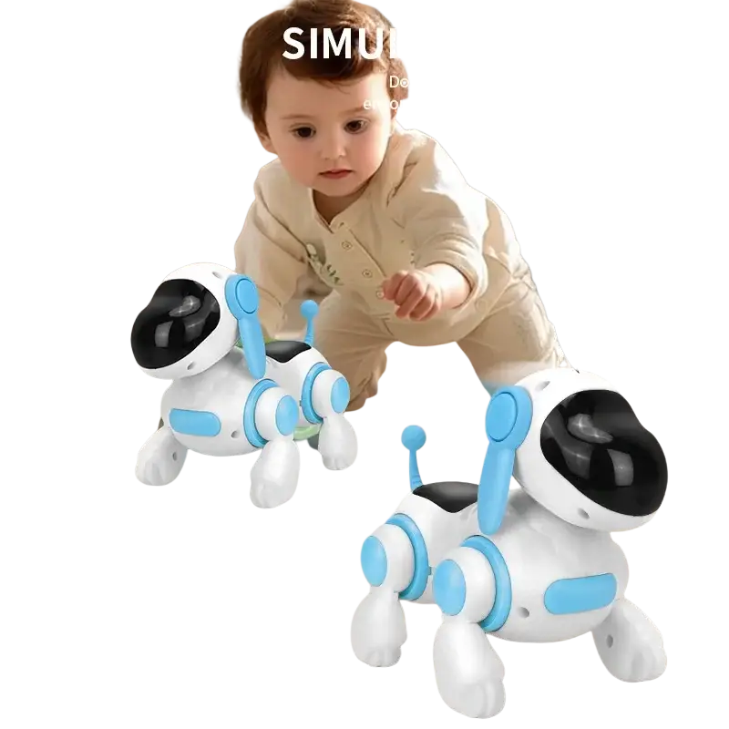 White and blue interactive robotic dog walking toy with black eye sensors designed as engaging robotic dog toys type