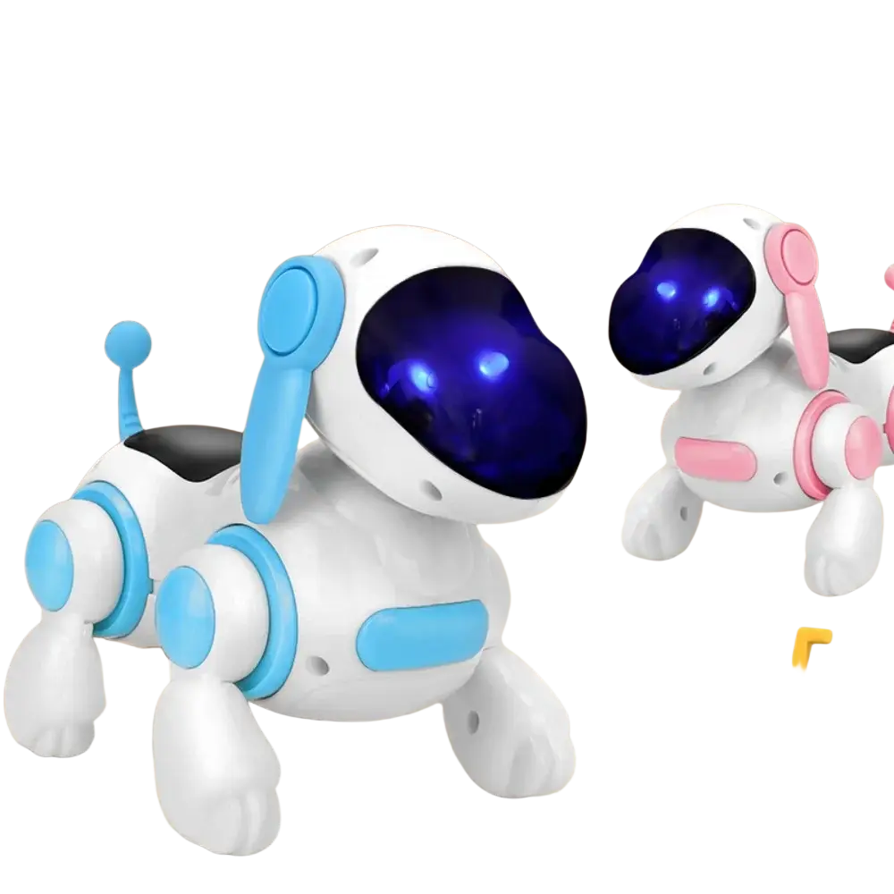 Interactive robotic dog walking toy in white and blue with glowing purple eyes for engaging toys type play