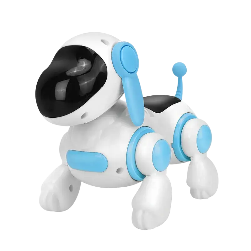 Interactive robotic dog walking toy in white and light blue plastic with sleek design and black glossy eyes toys type