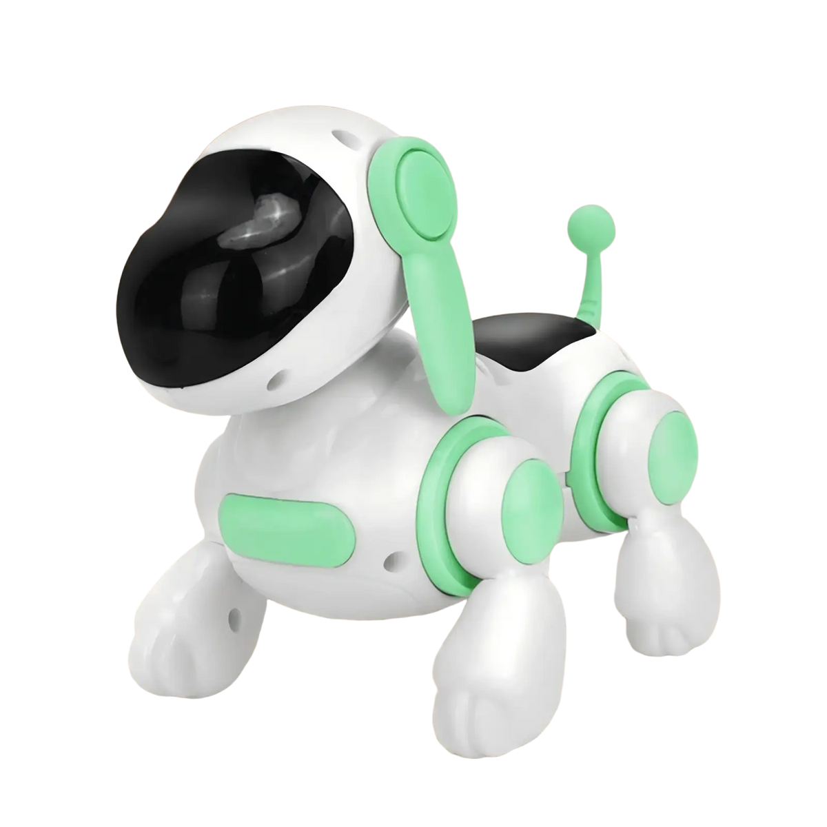 Interactive robotic dog walking toy in white and mint green with black visor designed as a robotic dog toy type