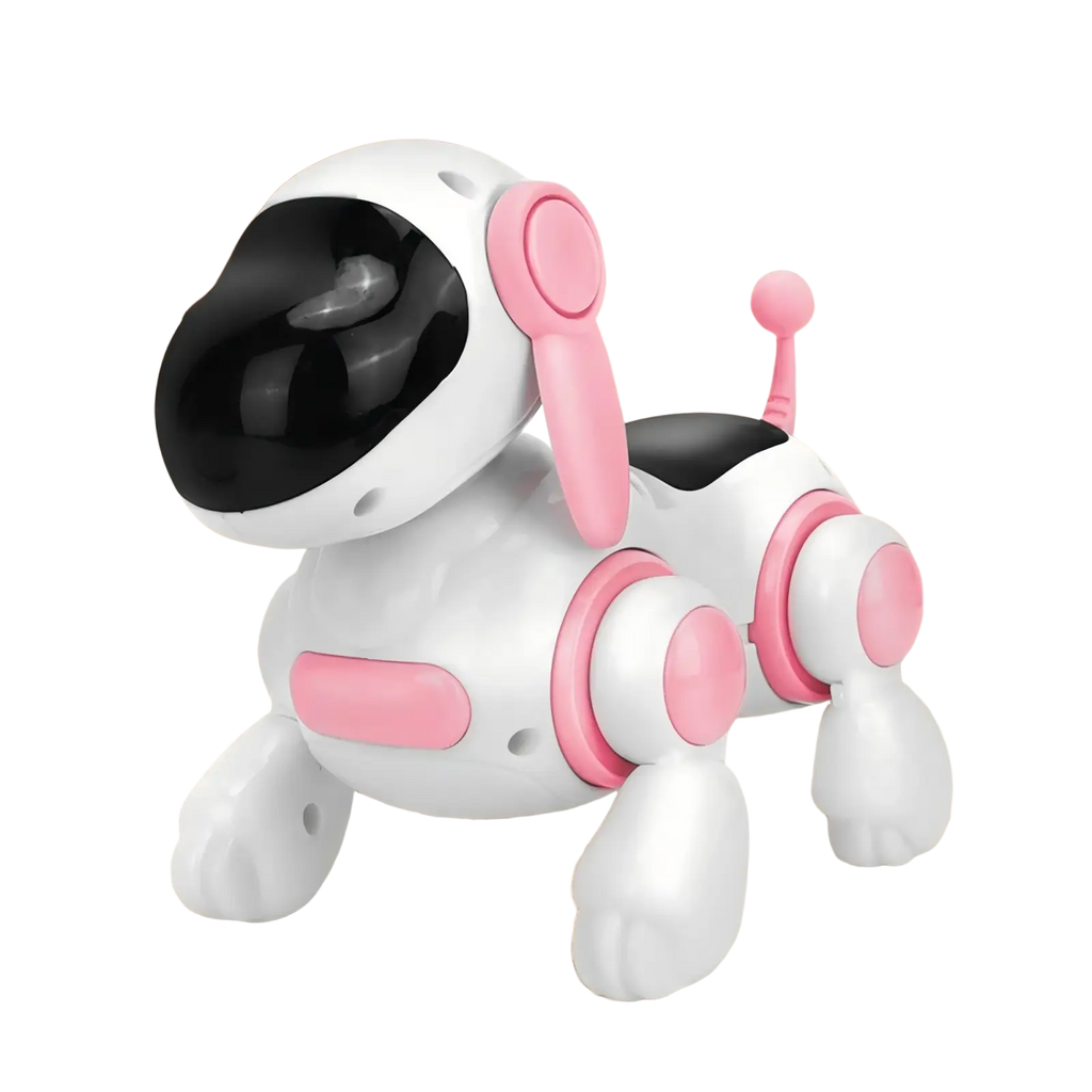 Interactive robotic dog walking toy featuring a white and pink plastic body with black visor and jointed limbs for toys type