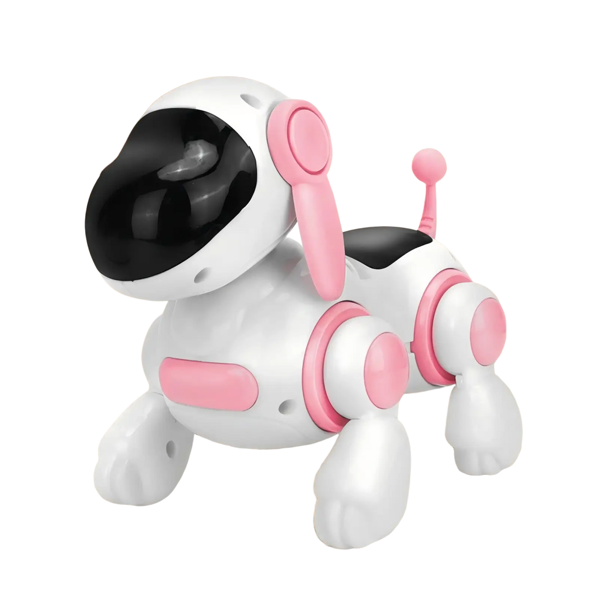 Interactive robotic dog walking toy featuring a white and pink plastic body with black visor and jointed limbs for toys type