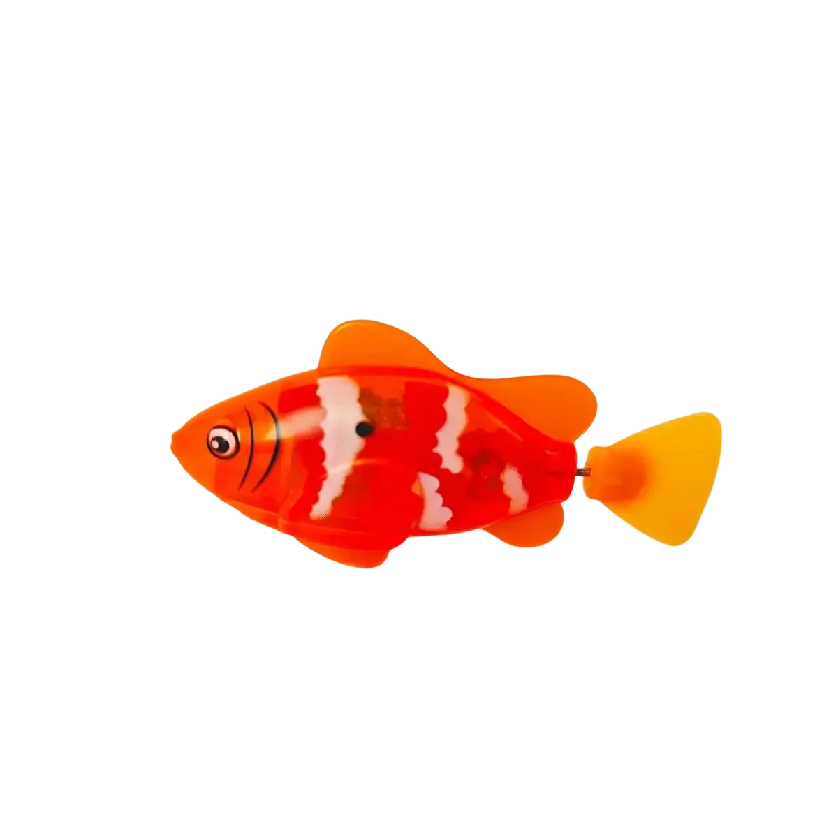 A bright orange plastic interactive robotic fish cat toy with white stripes yellow tail and simple black eyes