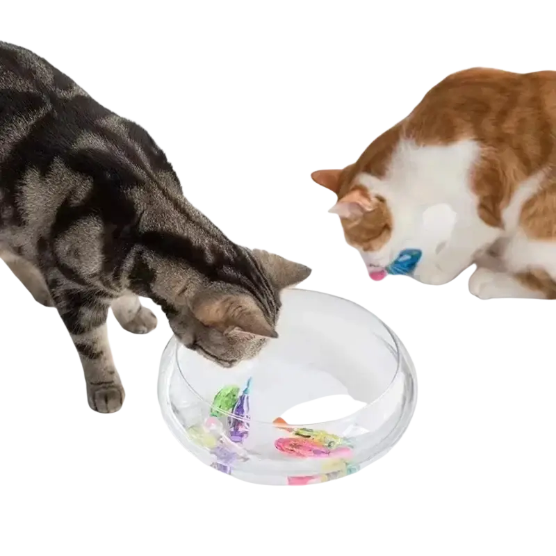 Clear glass bowl filled with colorful plastic interactive robotic fish cat toys for pet entertainment