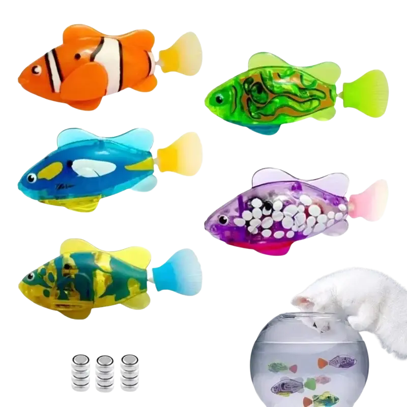 Colorful plastic interactive robotic fish cat toys with translucent bodies and vibrant orange clownfish patterns