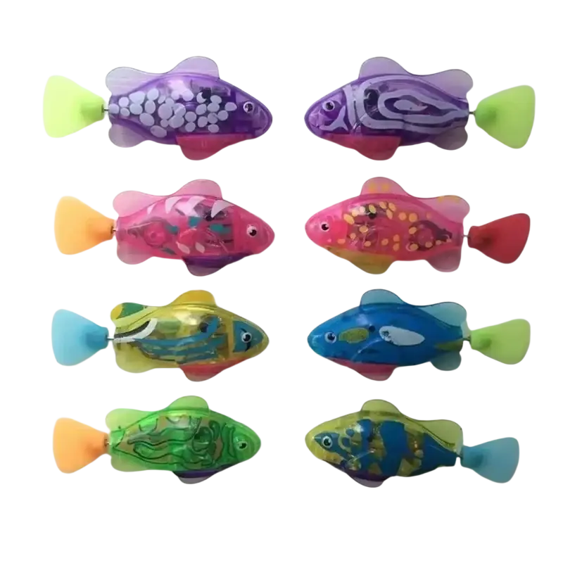 Colorful translucent plastic interactive robotic fish cat toys with patterned designs for engaging play