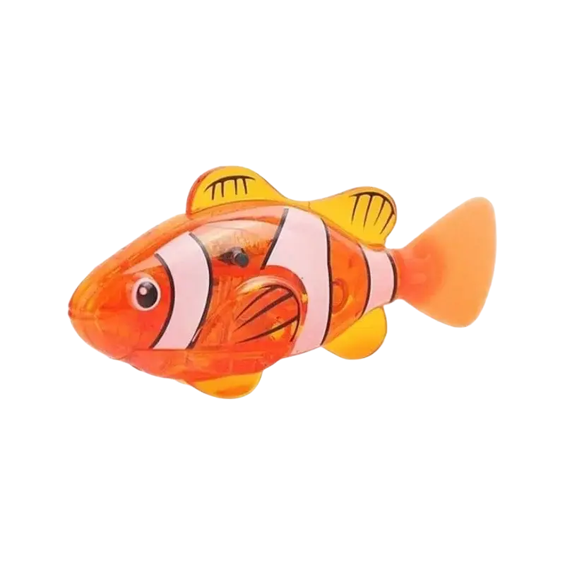 Orange and white striped plastic clownfish interactive robotic fish cat toy with yellow fins for pets entertainment