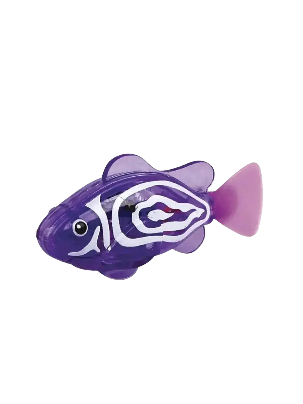 Purple translucent plastic interactive robotic fish cat toy with white swirling patterns and a pink tail