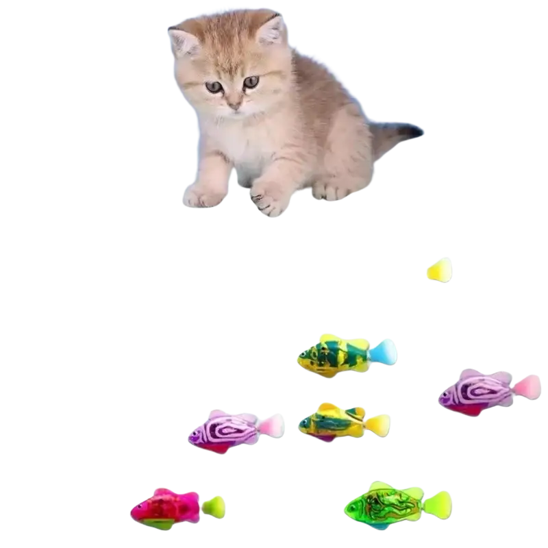 A set of colorful plastic interactive robotic fish cat toys with vibrant patterns and bright fins for playful pets
