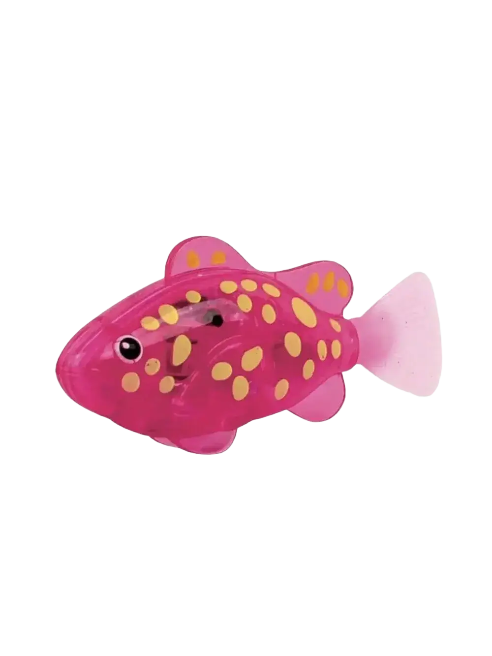 Interactive robotic fish cat toy made of translucent pink plastic with yellow spots and a black eye for pet play