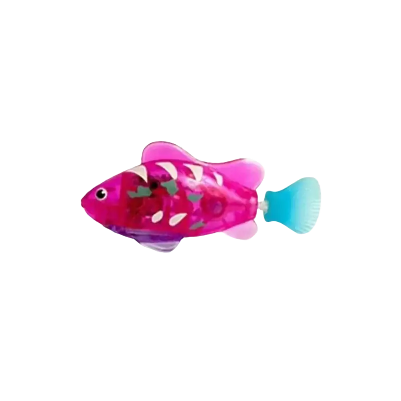 Interactive robotic fish cat toys made of translucent pink and purple plastic with blue tail and white patterned markings