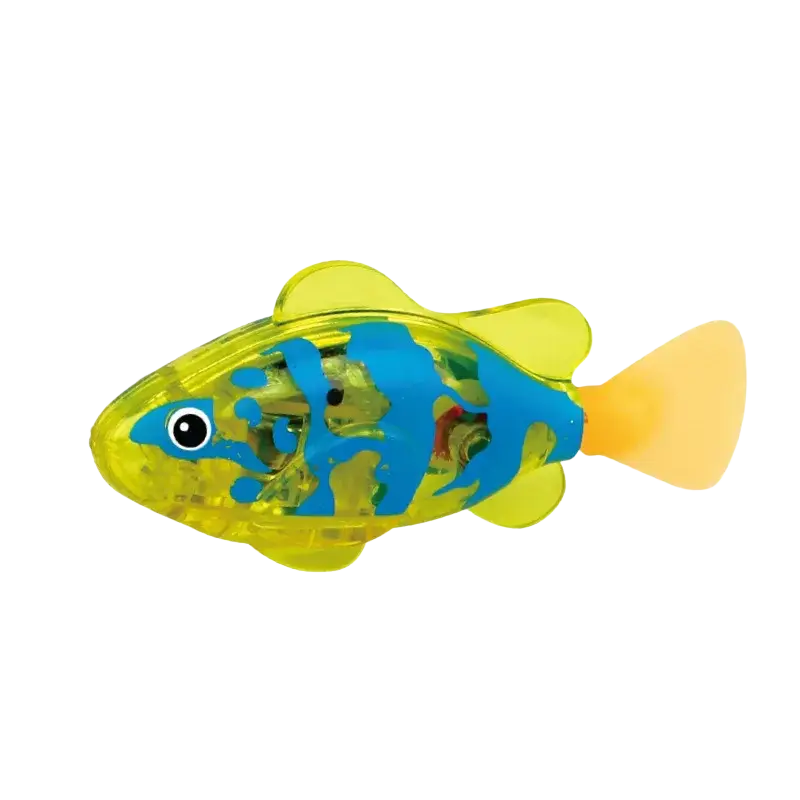 A translucent yellow plastic interactive robotic fish cat toy with blue patterns and a bright orange tail for pets