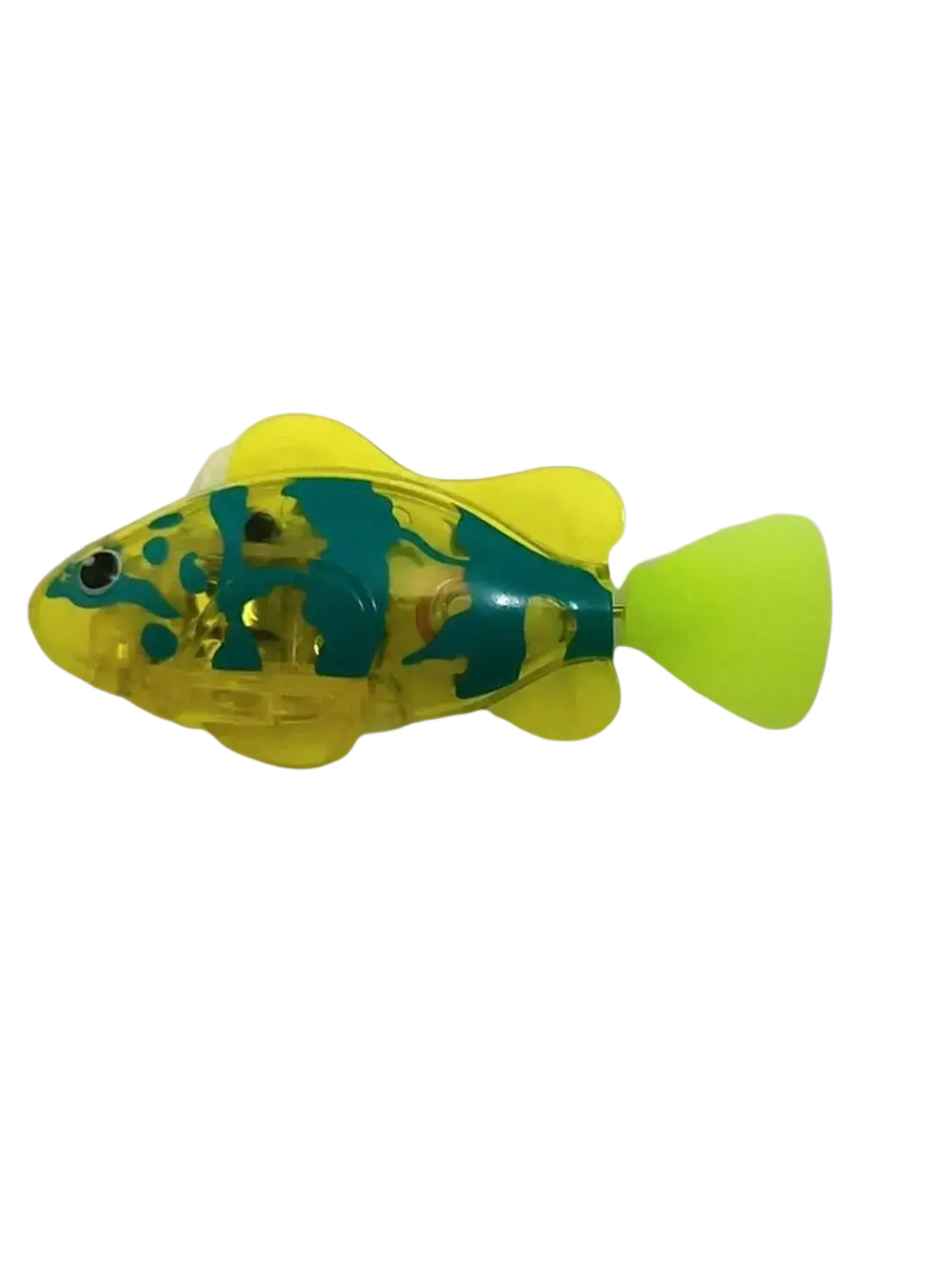 Interactive robotic fish cat toy translucent yellow and teal with a glowing green tail for pet entertainment toys type