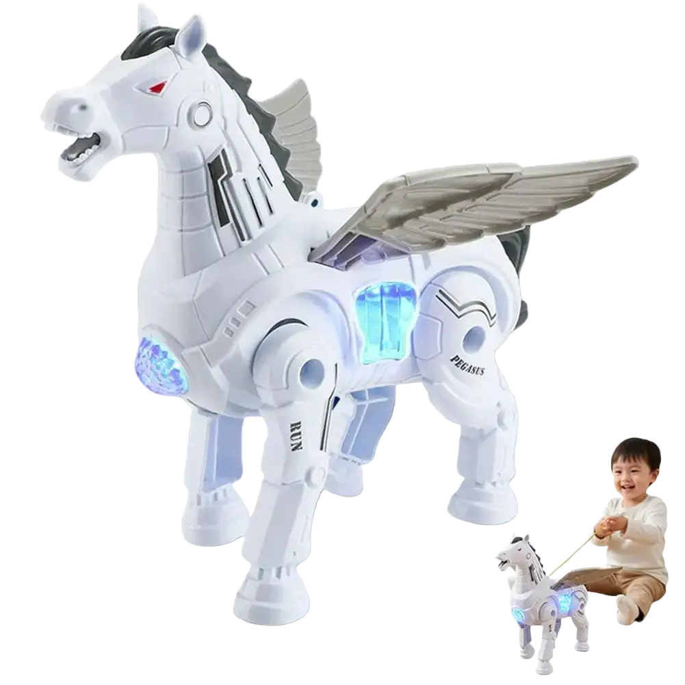 Interactive robotic walking pegasus toy in white with glowing blue lights and silver wings made of plastic