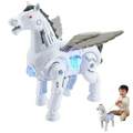 Interactive robotic walking pegasus toy in white with glowing blue lights and silver wings made of plastic