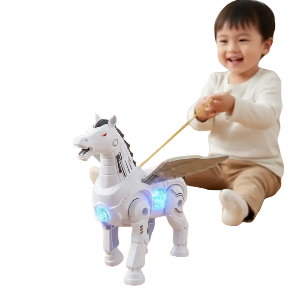 Interactive robotic walking Pegasus toy in white with glowing blue lights and metallic accents displayed from front view