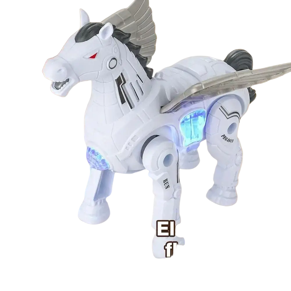 Interactive robotic walking Pegasus toy featuring a white flying horse with black mane, wings, and glowing blue lights