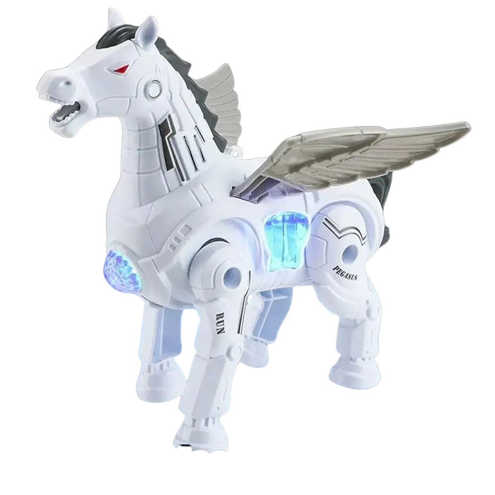White mechanical pegasus toy with glowing blue lights and electric walking features from Interactive Robotic Walking Pegasus Toy