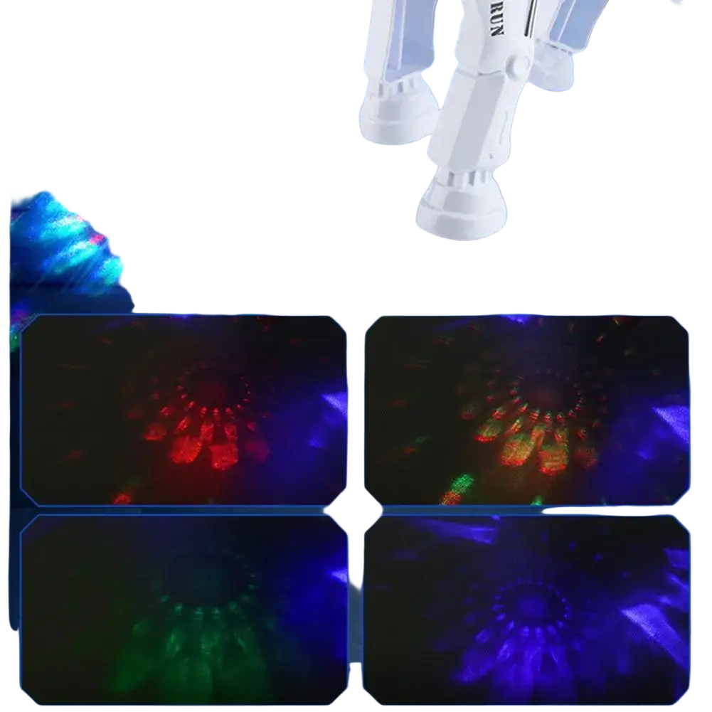 White plastic interactive robotic walking Pegasus toy with illuminated LED lights casting colorful floor patterns