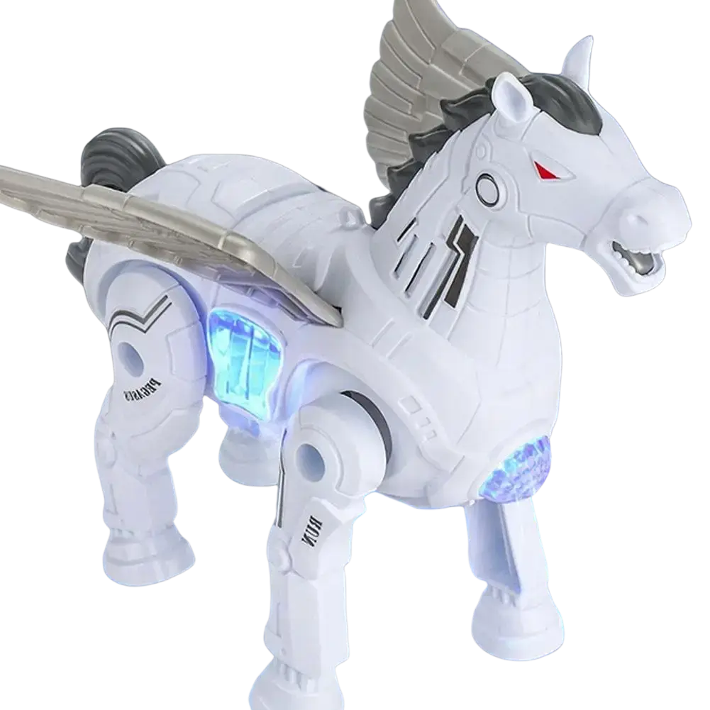 Interactive robotic walking pegasus toy in white with glowing blue lights black accents and winged design