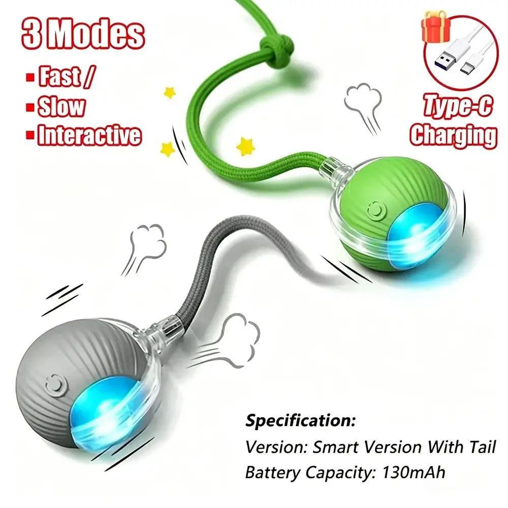 Interactive smart cat ball toy with green and gray led exercise balls connected by braided cords for type-c charging