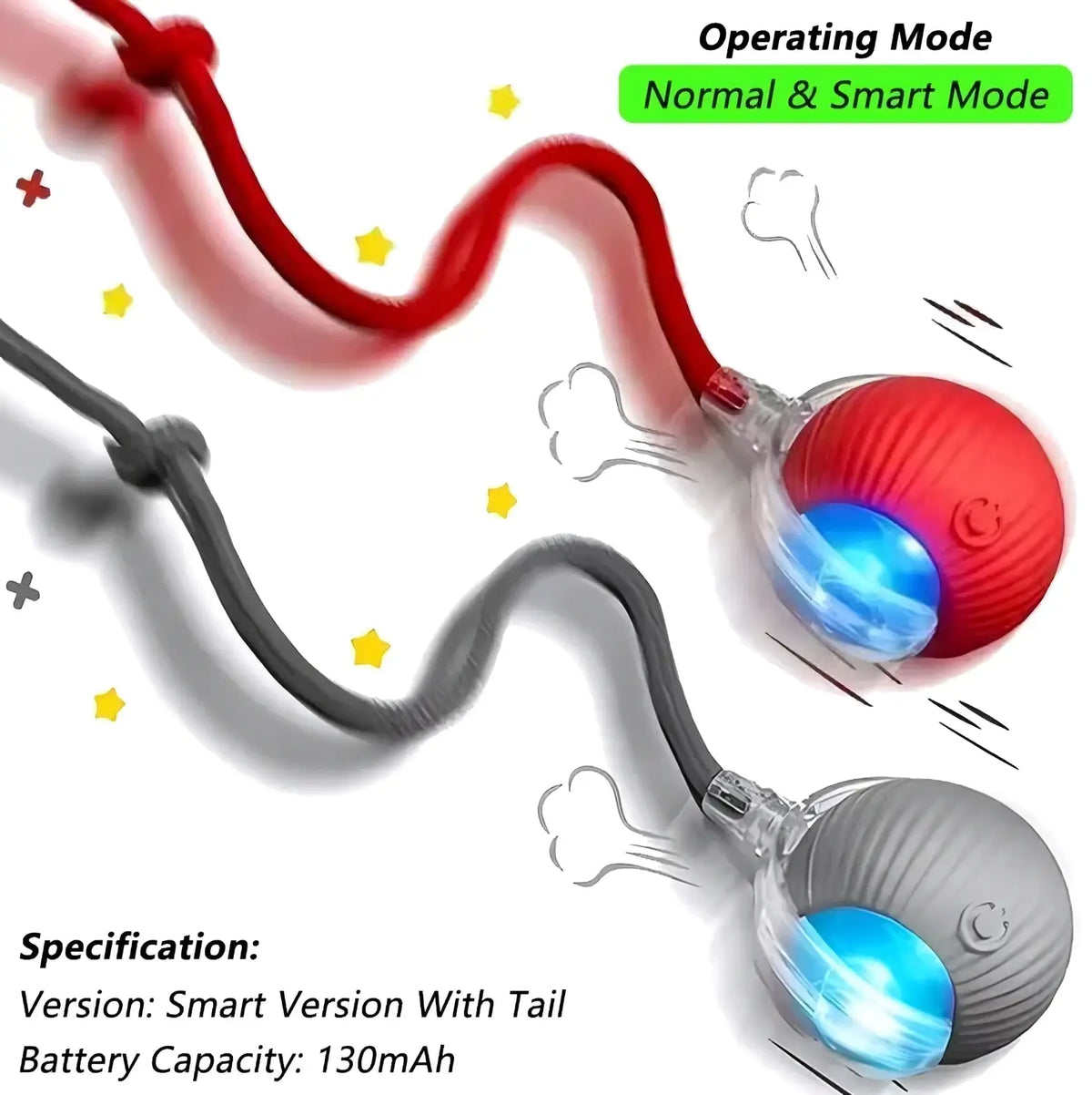 Interactive smart cat ball toys in red and gray with glowing blue lights and flexible tails for engaging play