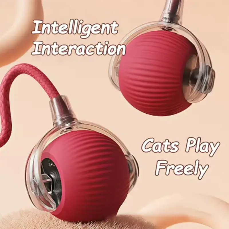 Red silicone interactive smart cat ball toy with clear plastic casing and metal hardware for engaging play