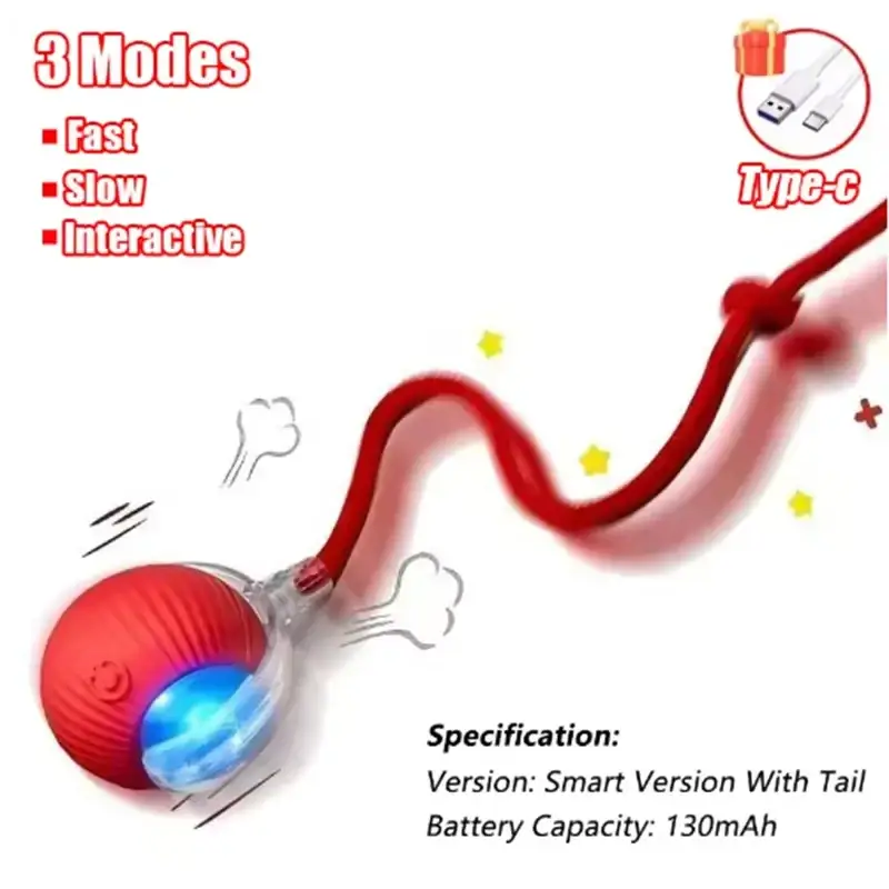 Interactive smart cat ball toy with a red spherical smart charging cable featuring a glowing blue led and type-c connector