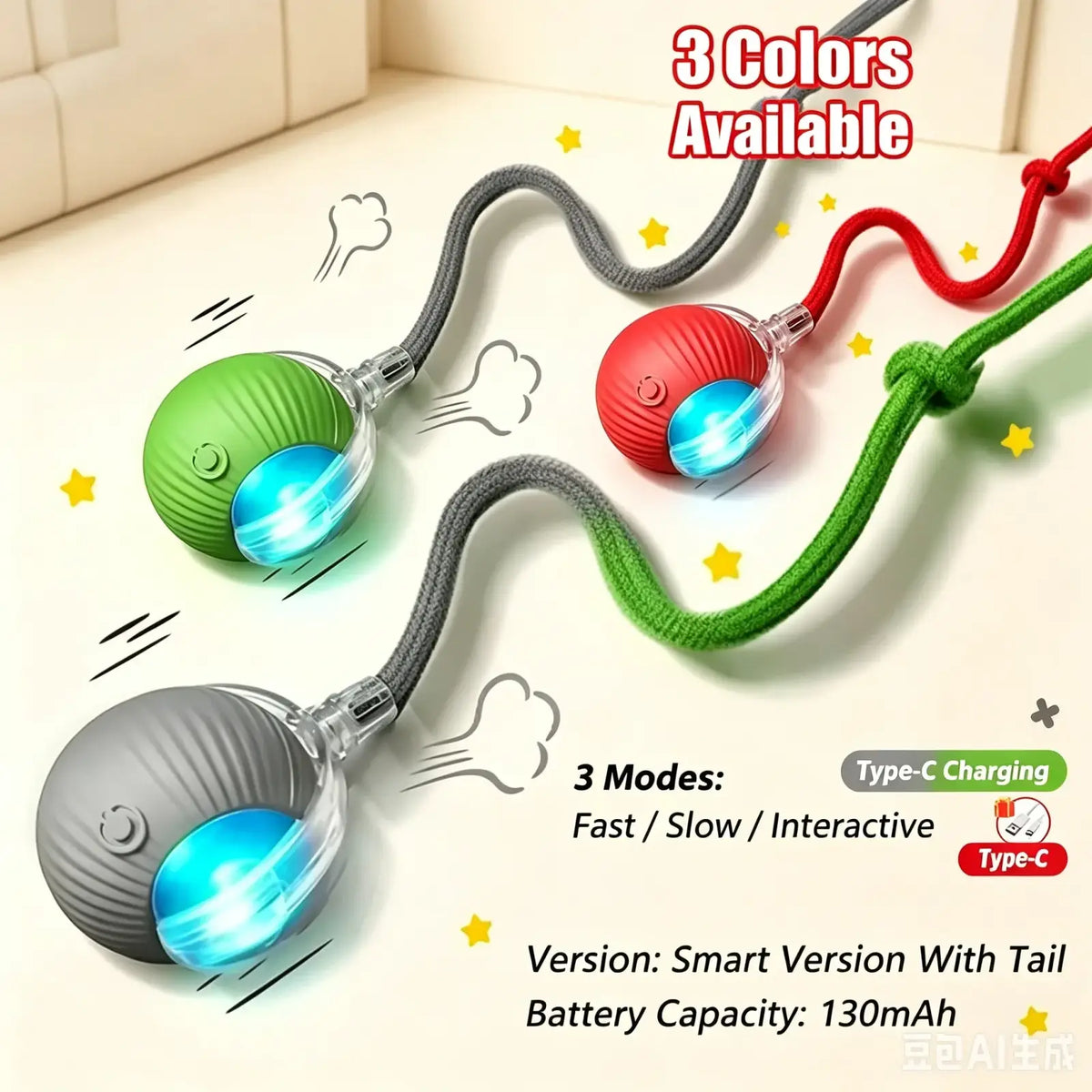 Three colorful spherical interactive smart cat ball toys with glowing blue lights and flexible cords for play