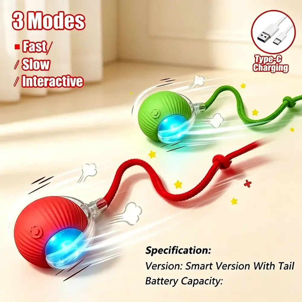 Two colorful spherical interactive smart cat ball toys in red and green with glowing blue centers and ribbed surfaces