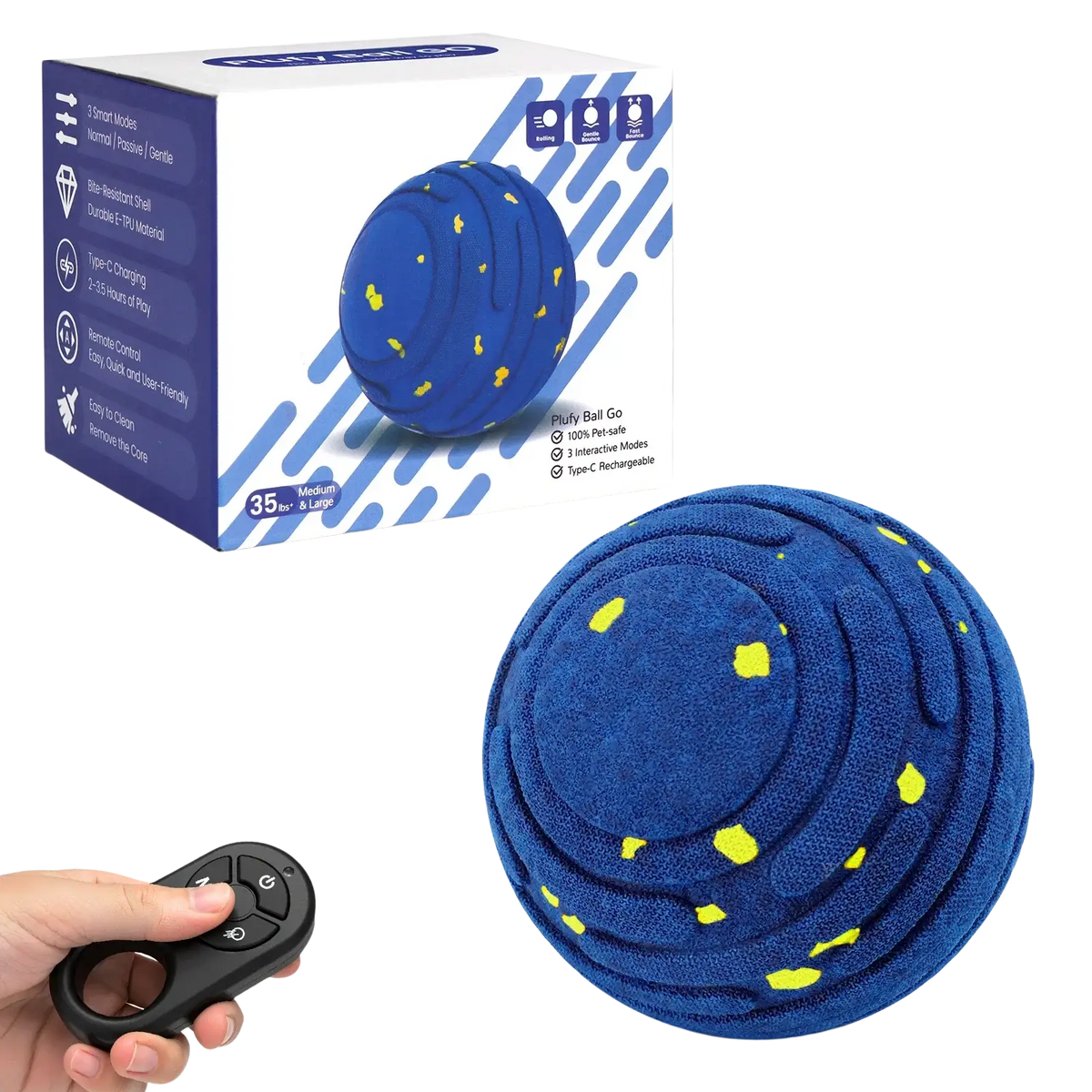 Blue plush interactive toy ball for dogs with yellow star accents and textured surface for remote control use