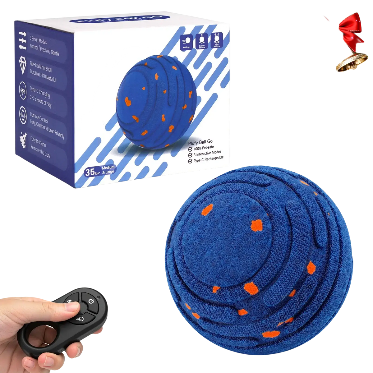 Interactive toy ball for dogs etpu automatic moving is a blue plush toy ball with orange spots and remote control functionality