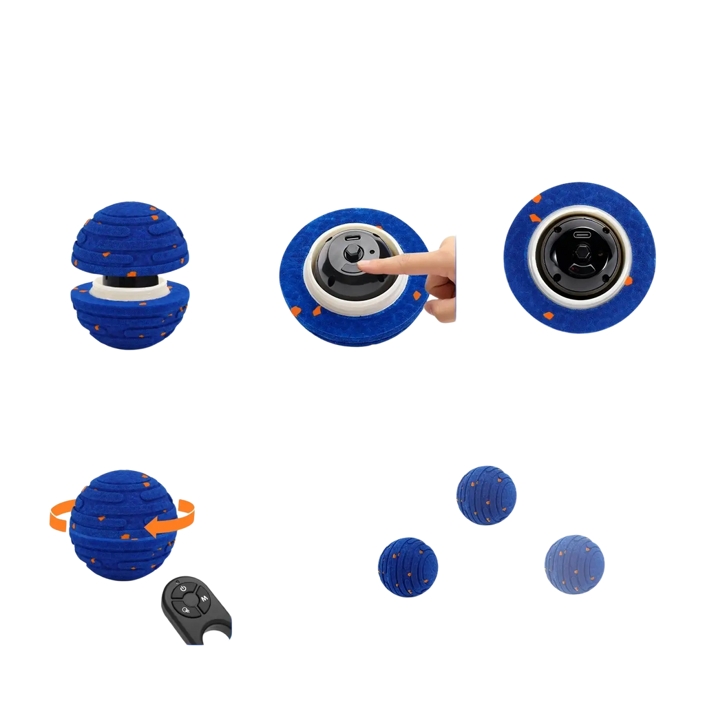 Blue textured interactive toy ball with black core and orange accents designed for automatic moving dog toys type