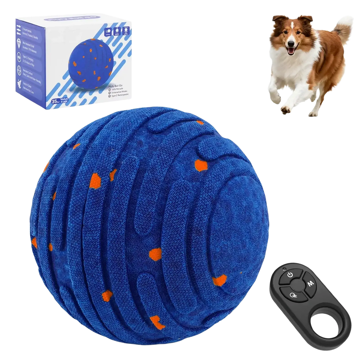 Blue textured interactive toy ball for dogs with orange accents and remote control for automatic moving play