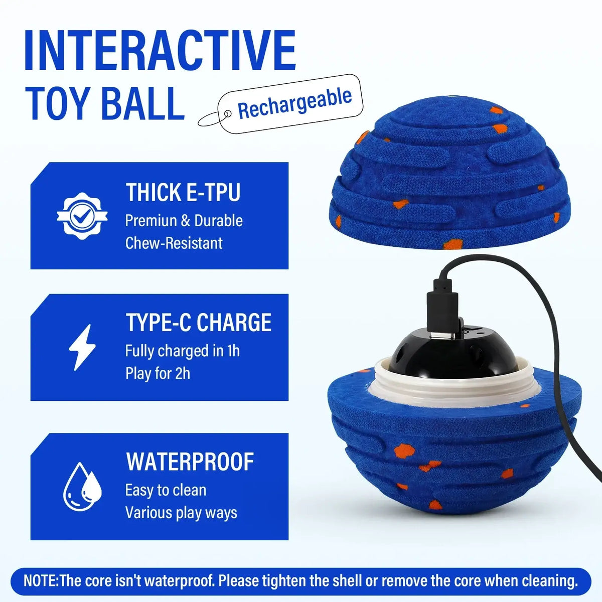 Interactive toy ball for dogs etpu automatic moving with blue textured e-tpu material and orange rechargeable core accents