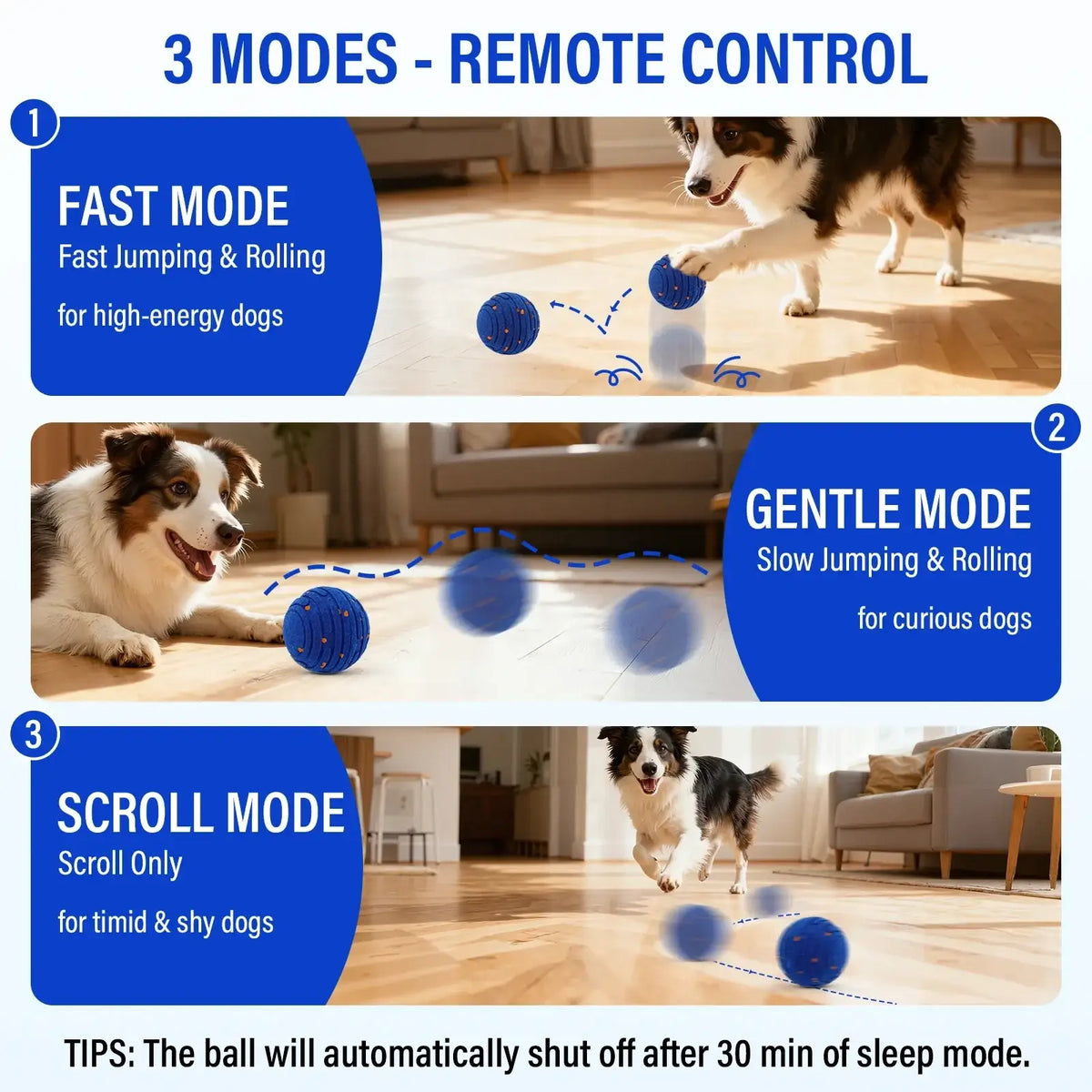 Interactive toy ball for dogs etpu automatic moving in blue textured material with three distinct play modes