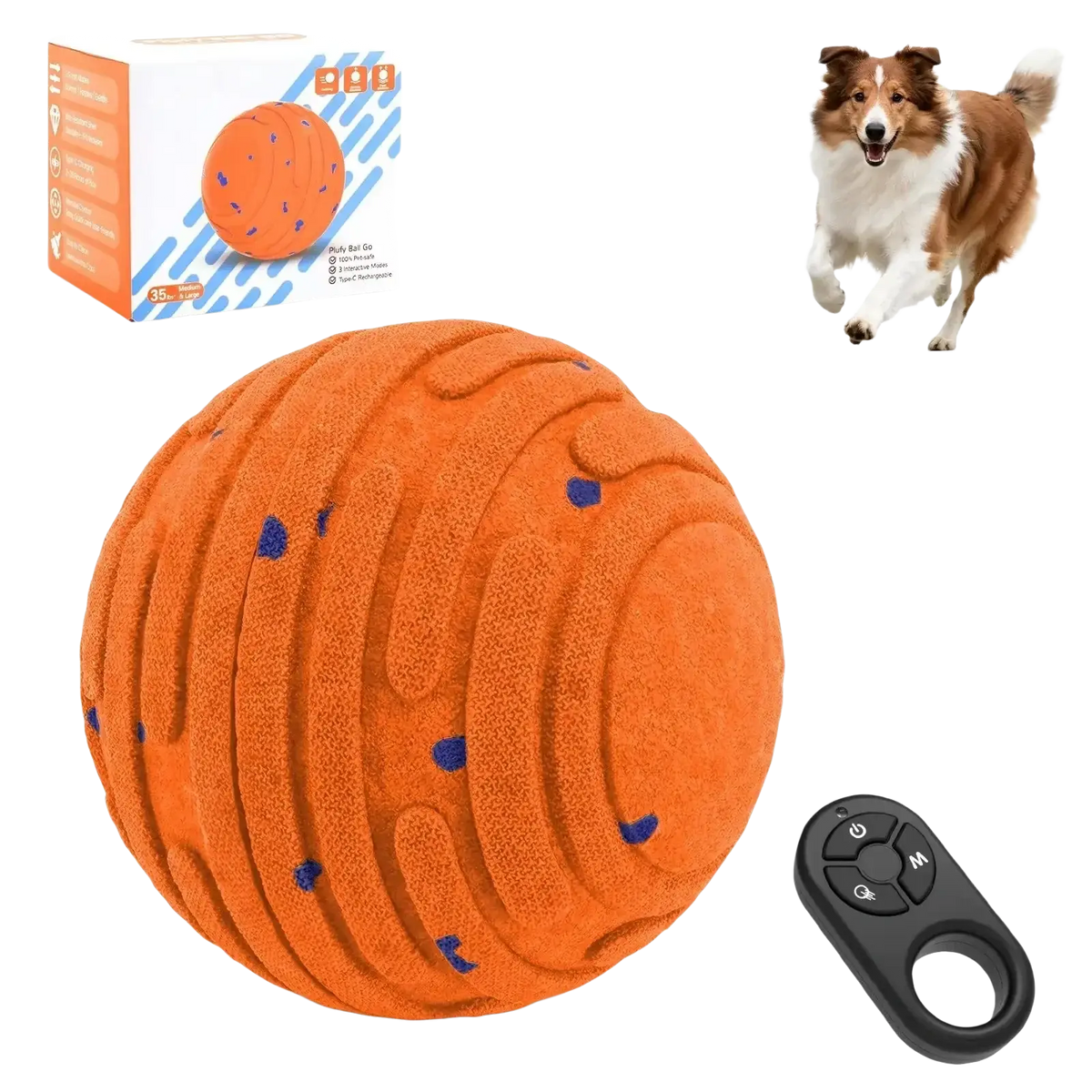 Interactive toy ball for dogs etpu automatic moving in orange textured design with blue dot accents