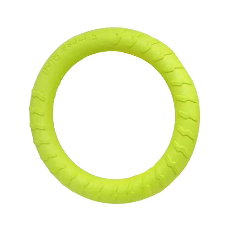 Bright lime green rubber interactive training pet ring with textured zigzag grip patterns for chew toy use