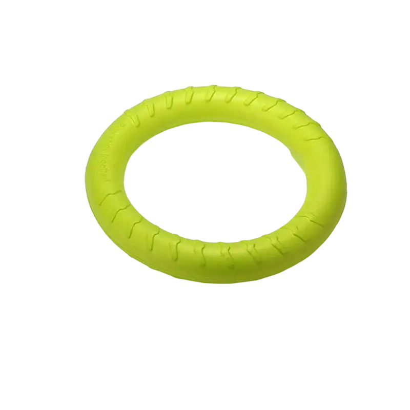 Bright lime green rubber interactive training pet ring with textured ridged surface for durable chew play