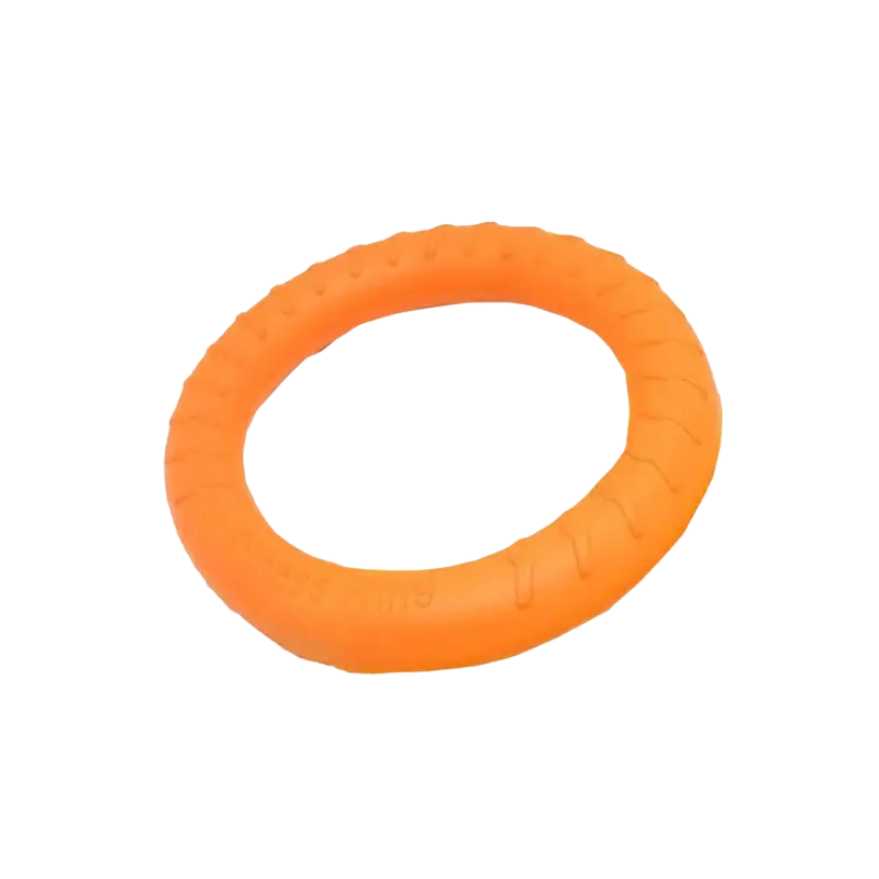 Bright orange rubber interactive training pet ring with textured grip surface for durable chew and puller play