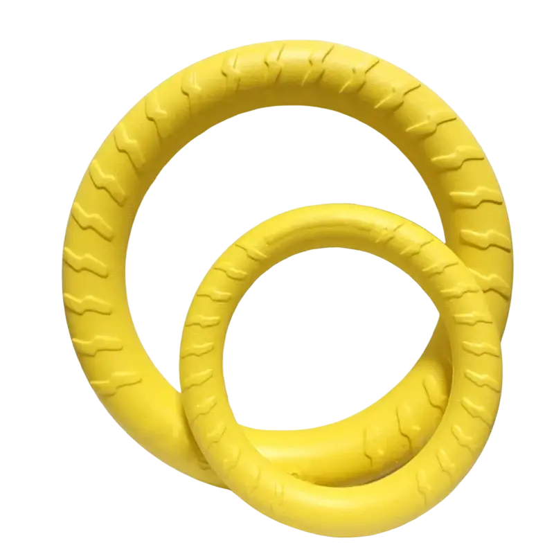 Bright yellow textured rubber rings interactive training pet ring chew toy for durable pet ring puller use