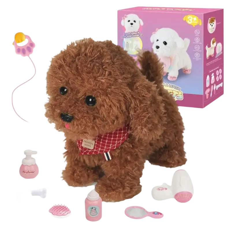 Brown plush toy poodle with black eyes and nose wearing a red checkered scarf in interactive walking plush poodle toy