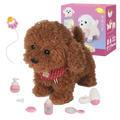 Brown plush toy poodle with black eyes and nose wearing a red checkered scarf in interactive walking plush poodle toy