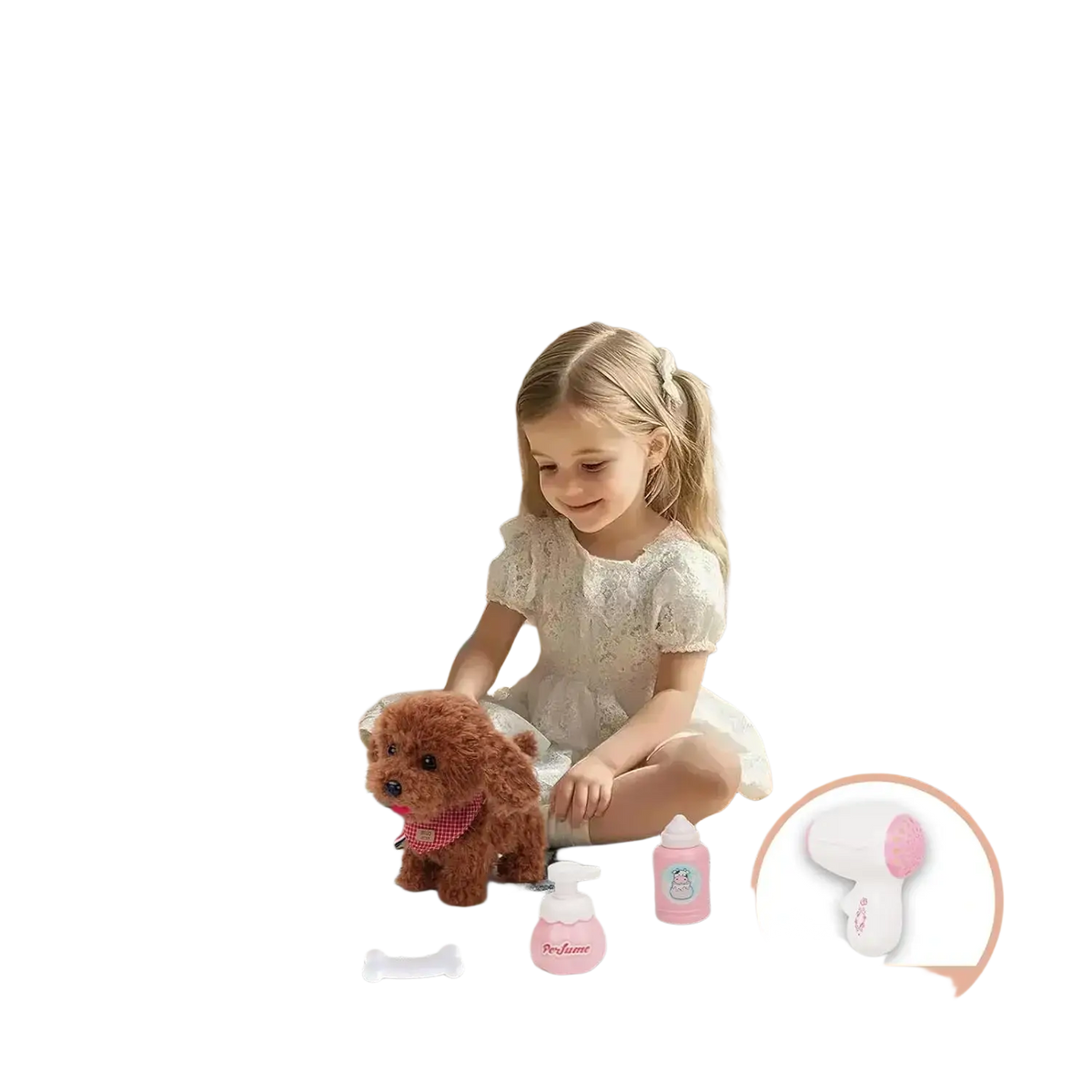 Brown plush poodle toy with a red and white checkered collar featuring interactive walking function