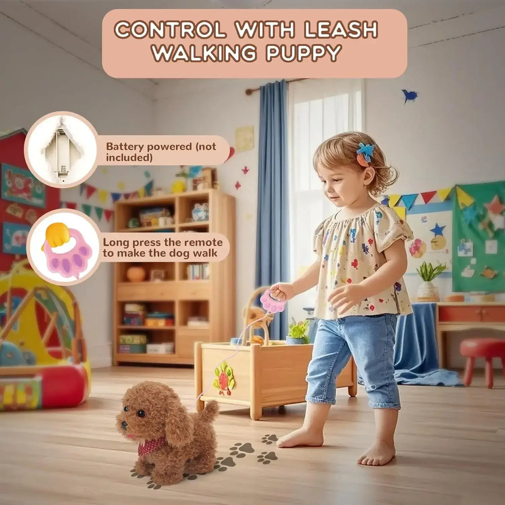 Brown interactive walking plush poodle toy with a red and white checkered collar for children