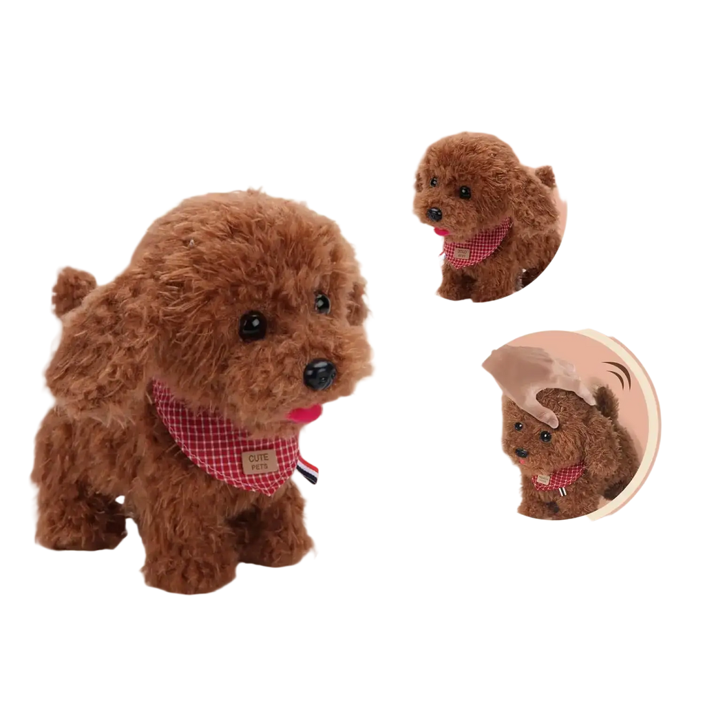 A plush brown poodle-shaped interactive walking toy with a red and white checkered bandana for children
